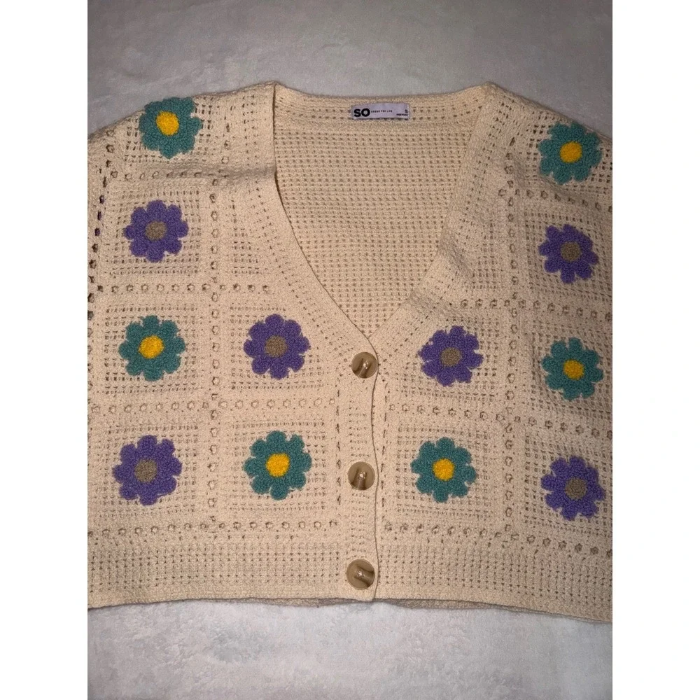 SO Goods For Life Floral Crochet Cardigan Sweater Cream Purple Teal Womens Small